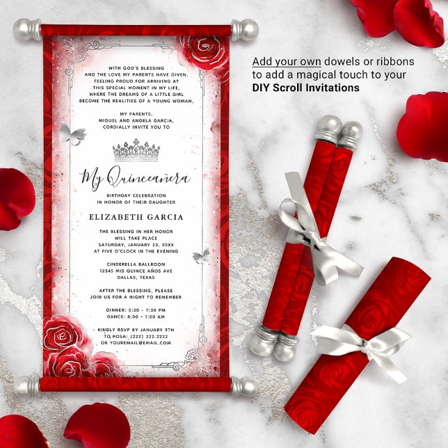 Silver Bright Red Quince DIY Scroll Uitnodigingen (How will you present your red quinceanera DIY scrolls? There are so many creative possibilities!)