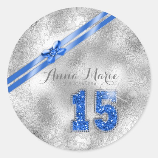 Silver Brocade Fifteenth Birthday Blue ID382 Ronde Sticker (Voorkant)
