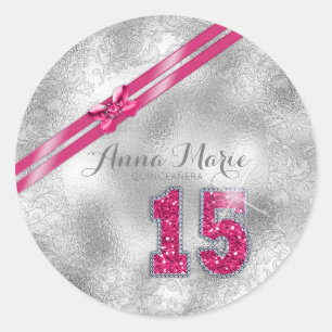 Silver Brocade Fifteenth Birthday Hot Pink ID382 Ronde Sticker