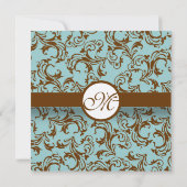 Silver Brown Damask Aqua Blue Wedding Invitation Kaart (Achterkant)
