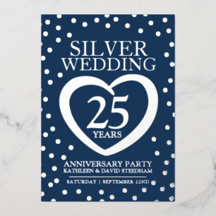 Silver bruiloft 25th party blue Silver Folie Uitnodiging