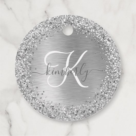Silver Brushed Metal Glitter Monogram Name Bedankjes Labels (Achterkant)