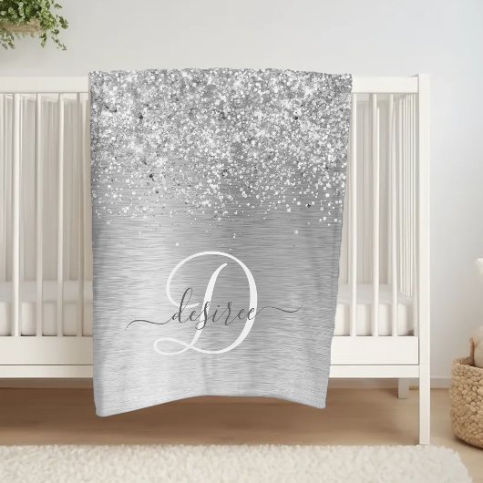 Silver Brushed Metal Glitter Monogram Name Fleece Deken