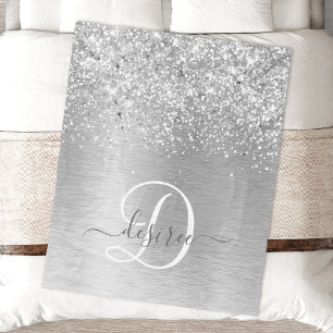 Silver Brushed Metal Glitter Monogram Name Fleece Deken