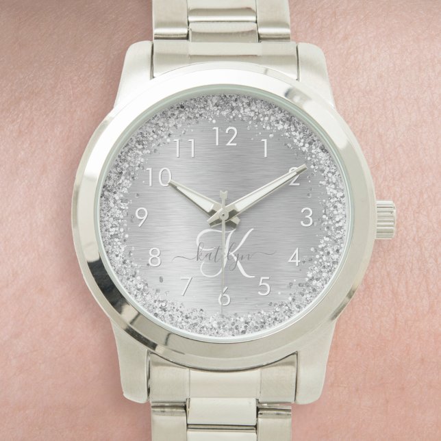 Silver Brushed Metal Glitter Monogram Name Horloge (Creator heeft geüpload)