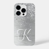 Silver Brushed Metal Glitter Monogram Name iPhone Hoesje (Achterkant)