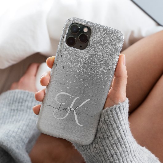Silver Brushed Metal Glitter Monogram Name iPhone Hoesje