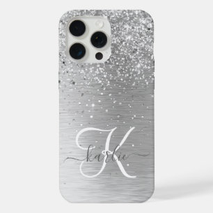 Silver Brushed Metal Glitter Monogram Name iPhone 15 Pro Max Hoesje