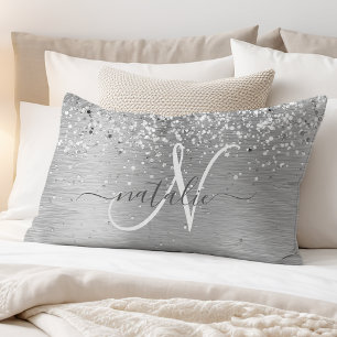 Silver Brushed Metal Glitter Monogram Name Kussensloop