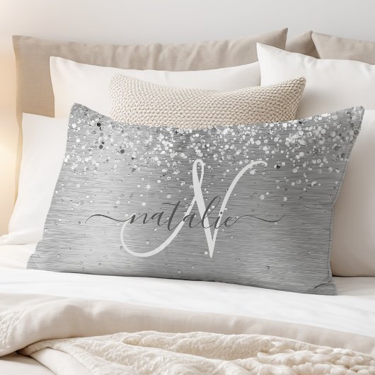 Silver Brushed Metal Glitter Monogram Name Kussensloop