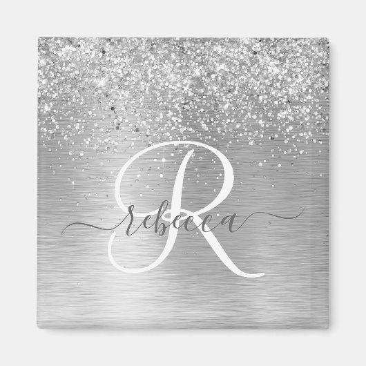Silver Brushed Metal Glitter Monogram Name Magneet (Voorkant)
