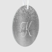 Silver Brushed Metal Glitter Monogram Name Ornament (voorkant)