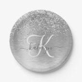 Silver Brushed Metal Glitter Monogram Name Papieren Bordje (Voorkant)