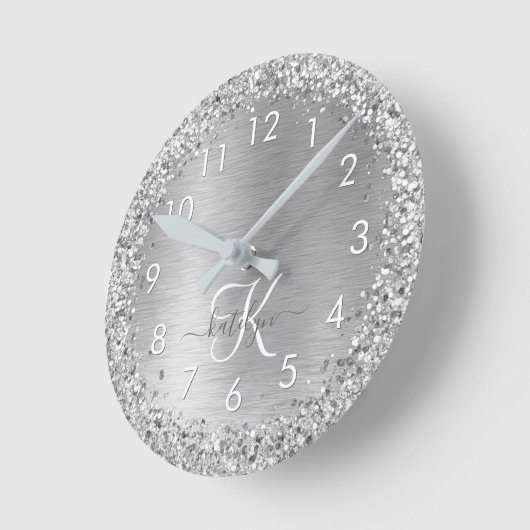 Silver Brushed Metal Glitter Monogram Name Ronde Klok (Hoek)
