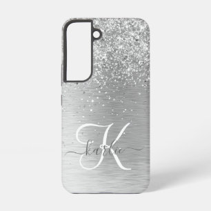Silver Brushed Metal Glitter Monogram Name Samsung Galaxy Hoesje