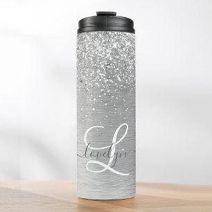 Silver Brushed Metal Glitter Monogram Name Thermosbeker