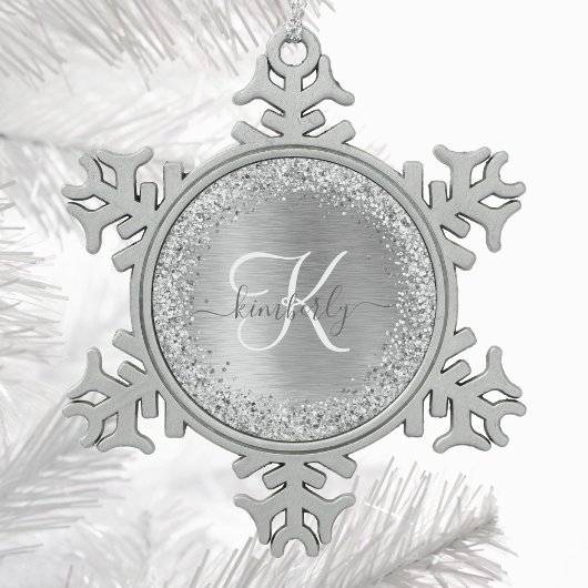 Silver Brushed Metal Glitter Monogram Name Tin Sneeuwvlok Ornament