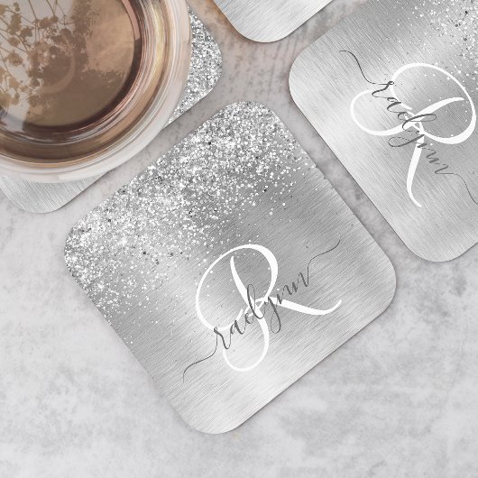 Silver Brushed Metal Glitter Monogram Name Vierkante Kartonnen Onderzetter