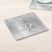 Silver Brushed Metal Glitter Monogram Name Vierkante Kartonnen Onderzetter (Schuin)