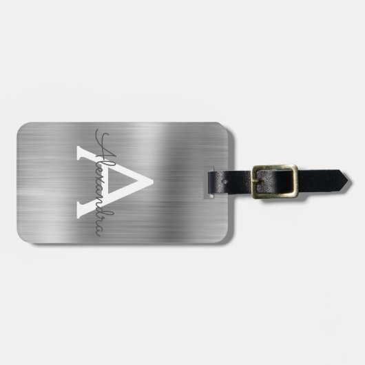 Silver Brushed Metal Monogram Name and Initiaal Bagagelabel (Voorkant horizontaal)