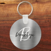 Silver Brushed Metal Zwart Wit Script Monogram Sleutelhanger (Voorkant)