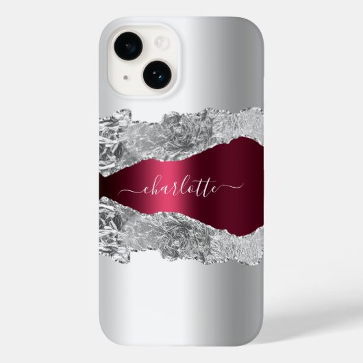 Silver burgundy agate marble name script Case-Mate iPhone case (Achterkant)
