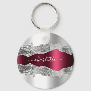 Silver burgundy agate marble name sleutelhanger