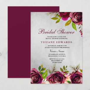 Silver Burgundy Floral Bridal Shower Kaart