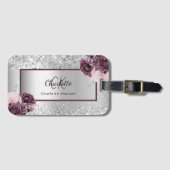 Silver burgundy florals elegant monogram bagagelabel (Voorkant (horizontaal))