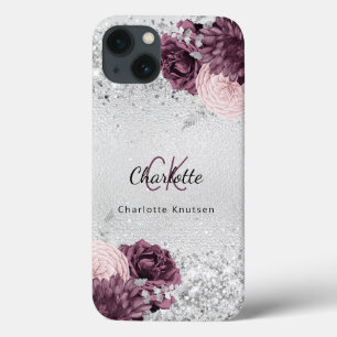 Silver burgundy florals elegant monogram iPhone 13 hoesje