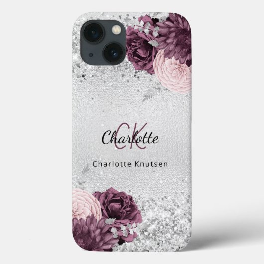 Silver burgundy florals elegant monogram Case-Mate iPhone case (Achterkant)