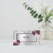 Silver burgundy florals elegant monogram QR-code Visitekaartje (Staand voorkant)