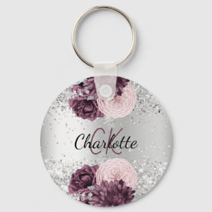 Silver burgundy florals elegant sleutelhanger
