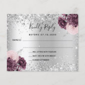 Silver burgundy florals glitter bruiloft RSVP-kaar (Voorkant)