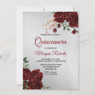 Silver Burgundy Red Rose Floral Quinceanera Invite Kaart