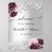 Silver burgundy roze bloemen welkom bruiloft poster (Voorkant)