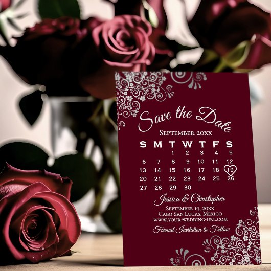 Silver & Burgundy Simple Elegant Wedding Calendar Save The Date