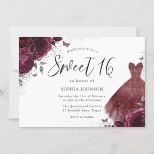 Silver Burgundy Sparkle Dress Roos Sweet 16 Kaart