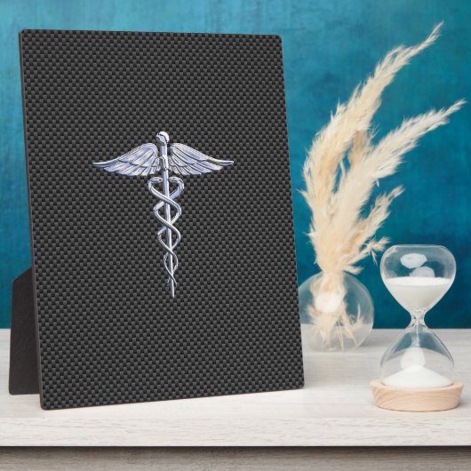 Silver Caduceus Medical Symbool Carbon Fiber Style Fotoplaat (Zijkant)