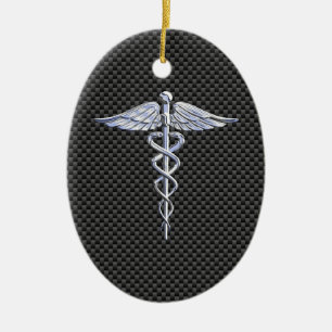 Silver Caduceus Medical Symbool Carbon Fiber Style Keramisch Ornament