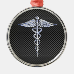 Silver Caduceus Medical Symbool Carbon Fiber Style Metalen Ornament