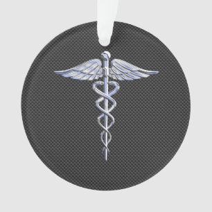 Silver Caduceus Medical Symbool Carbon Fiber Style Ornament
