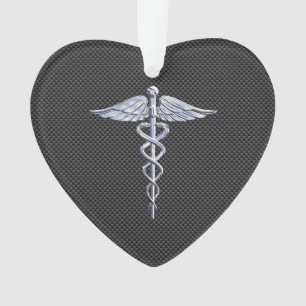 Silver Caduceus Medical Symbool Carbon Fiber Style Ornament