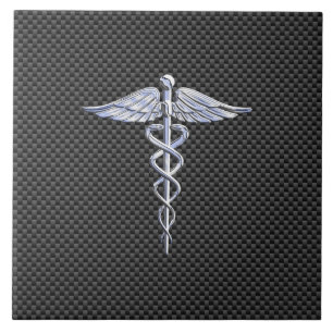 Silver Caduceus Medical Symbool Carbon Fiber Style Tegeltje