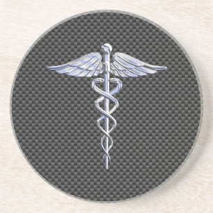 Silver Caduceus Medical Symbool Carbon Fiber Style Zandsteen Onderzetter