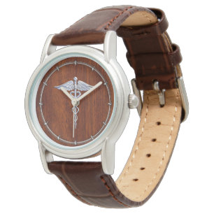 Silver Caduceus Medical Symbool Mahogany Decor Horloge