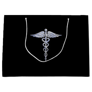 Silver Caduceus Medical Symbool op zwart Large Cadeauzakje