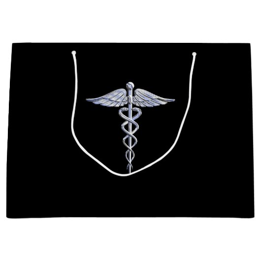 Silver Caduceus Medical Symbool op zwart Large Cadeauzakje (Voorkant)