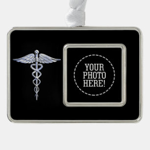 Silver Caduceus Medical Symbool op zwart Verzilverd Kader Ornament