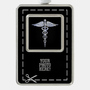 Silver Caduceus Medical Symbool op zwart Verzilverd Kader Ornament